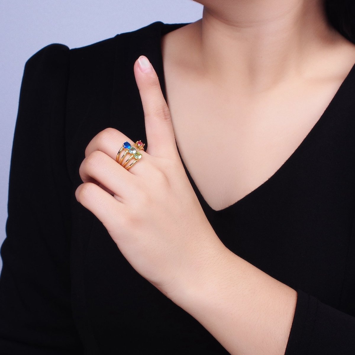 14K Gold Filled Multicolor Round CZ Multiple Band Statement Ring in Gold & Silver | O-1952 O-1953 - DLUXCA