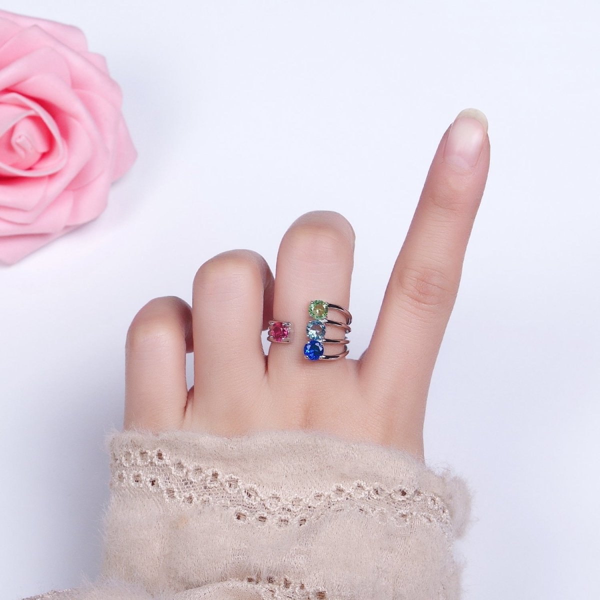 14K Gold Filled Multicolor Round CZ Multiple Band Statement Ring in Gold & Silver | O-1952 O-1953 - DLUXCA