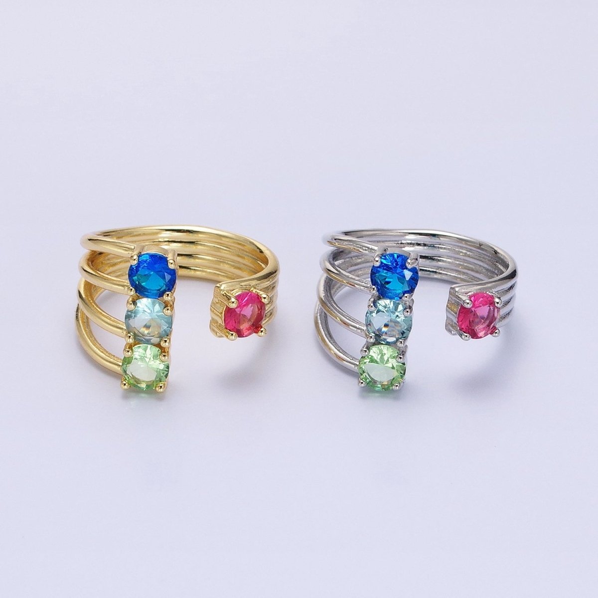 14K Gold Filled Multicolor Round CZ Multiple Band Statement Ring in Gold & Silver | O-1952 O-1953 - DLUXCA