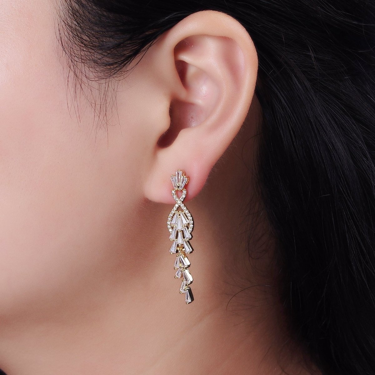 14K Gold Filled Multiple Baguette Micro Paved CZ Drop Stud Earrings in Gold & Silver | AE305 AE306 - DLUXCA