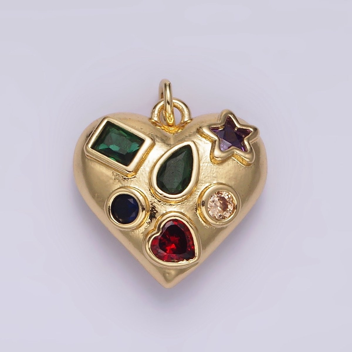 14K Gold Filled Multiple Geometric Multicolor CZ Chubby Filigree Heart Charm | AG522 - DLUXCA