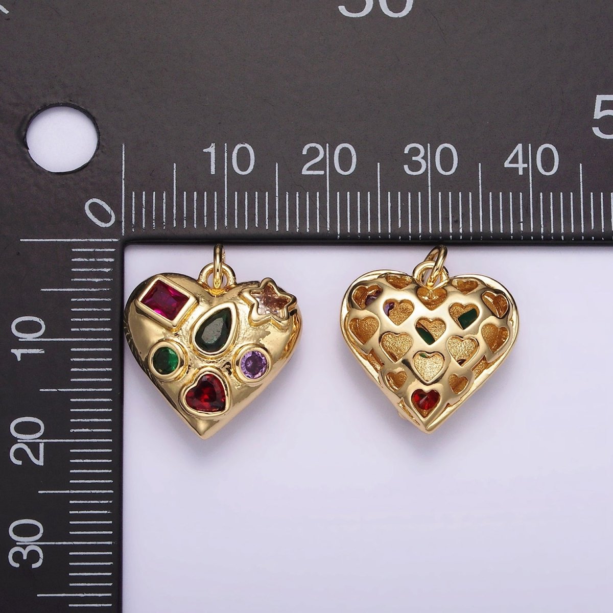 14K Gold Filled Multiple Geometric Multicolor CZ Chubby Filigree Heart Charm | AG522 - DLUXCA