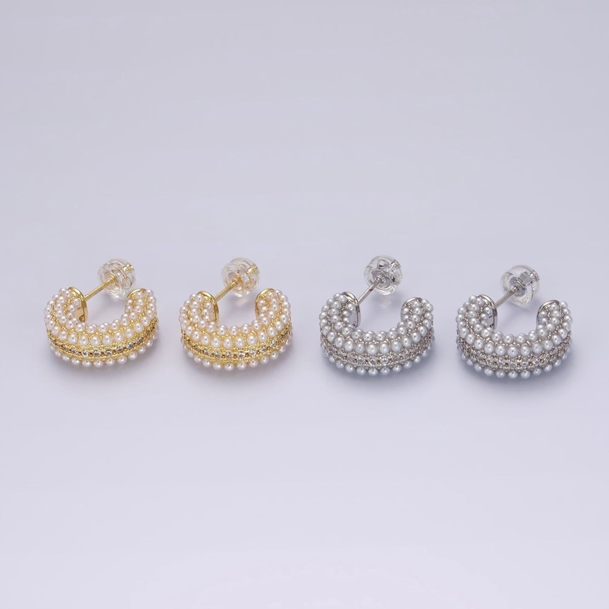 14K Gold Filled Multiple Pearl Micro Paved CZ 15mm C-Shaped Hoop Earrings in Gold & Silver | V259 V260 - DLUXCA