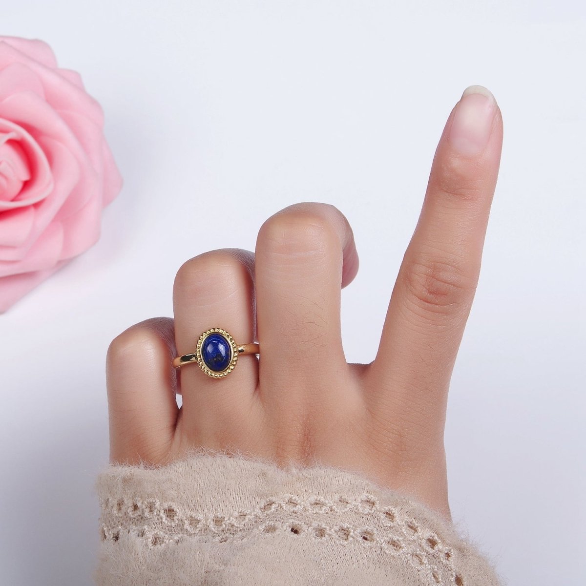 14K Gold Filled Natural Gemstone Cabochon Braided Oval Ring | O1074 - O1078 - DLUXCA