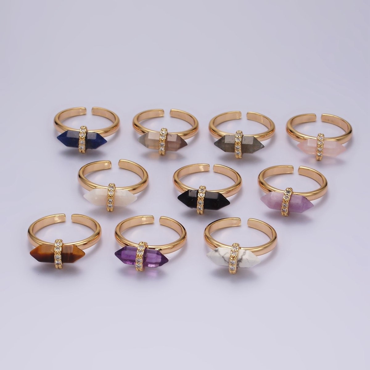 14K Gold Filled Natural Gemstone Pointed Wand Micro Paved CZ Ring | O698 - O707 - DLUXCA