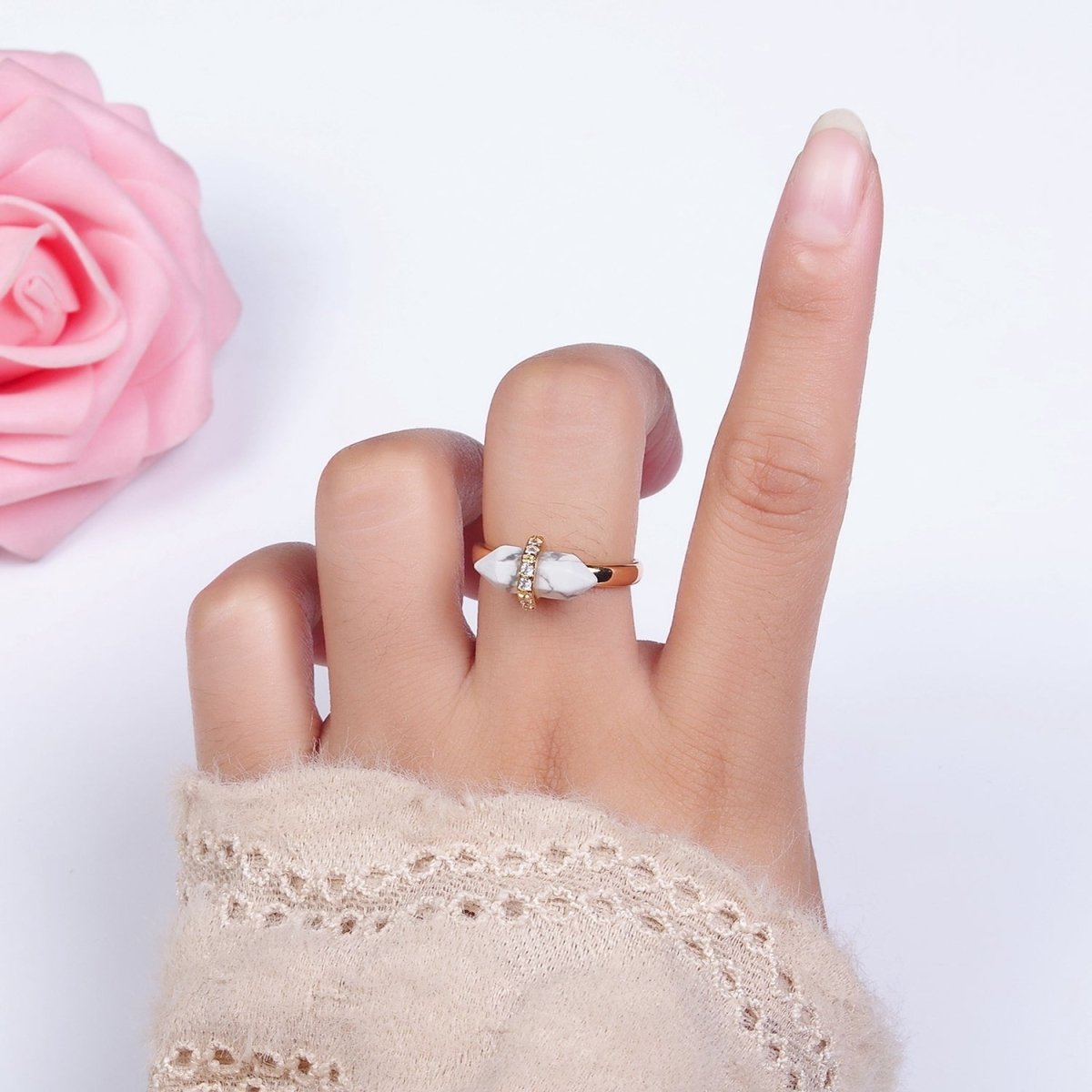 14K Gold Filled Natural Gemstone Pointed Wand Micro Paved CZ Ring | O698 - O707 - DLUXCA