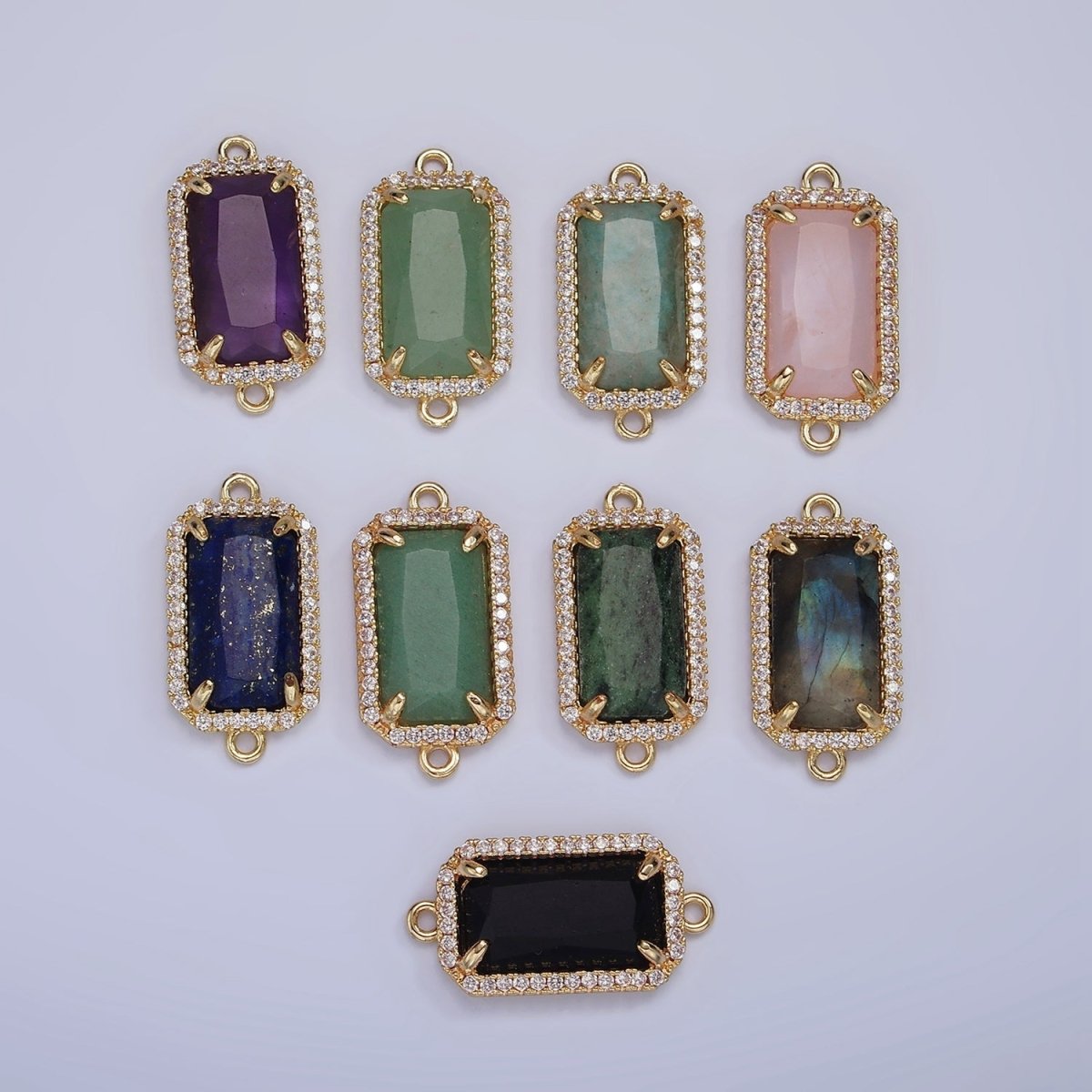 14K Gold Filled Natural Gemstone Rectangular Micro Paved CZ Charm Connector | G-084 - G-092 - DLUXCA