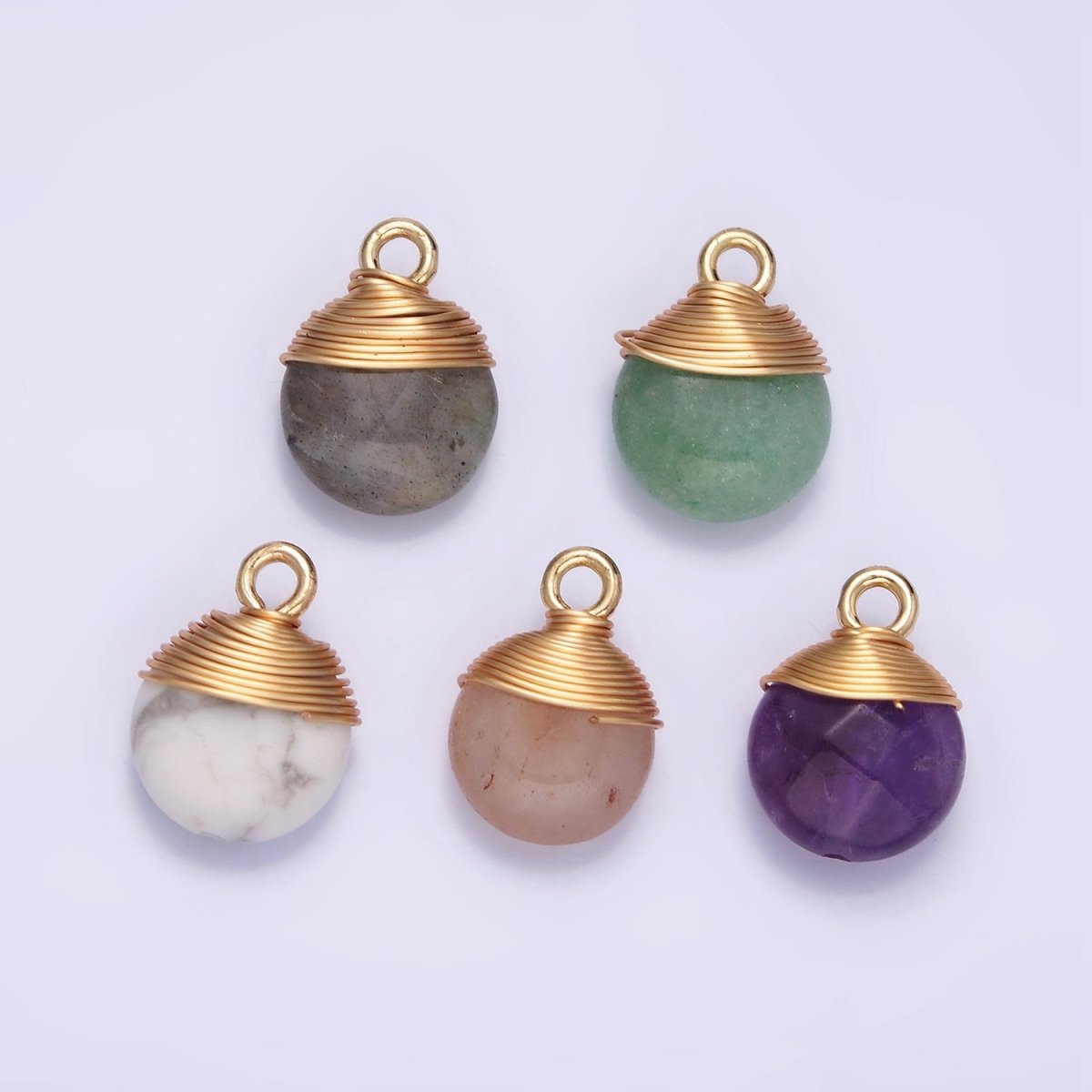 14K Gold Filled Natural Gemstone Round Multifaceted Wire Wrapped Charm | N1718 - N1722 - DLUXCA