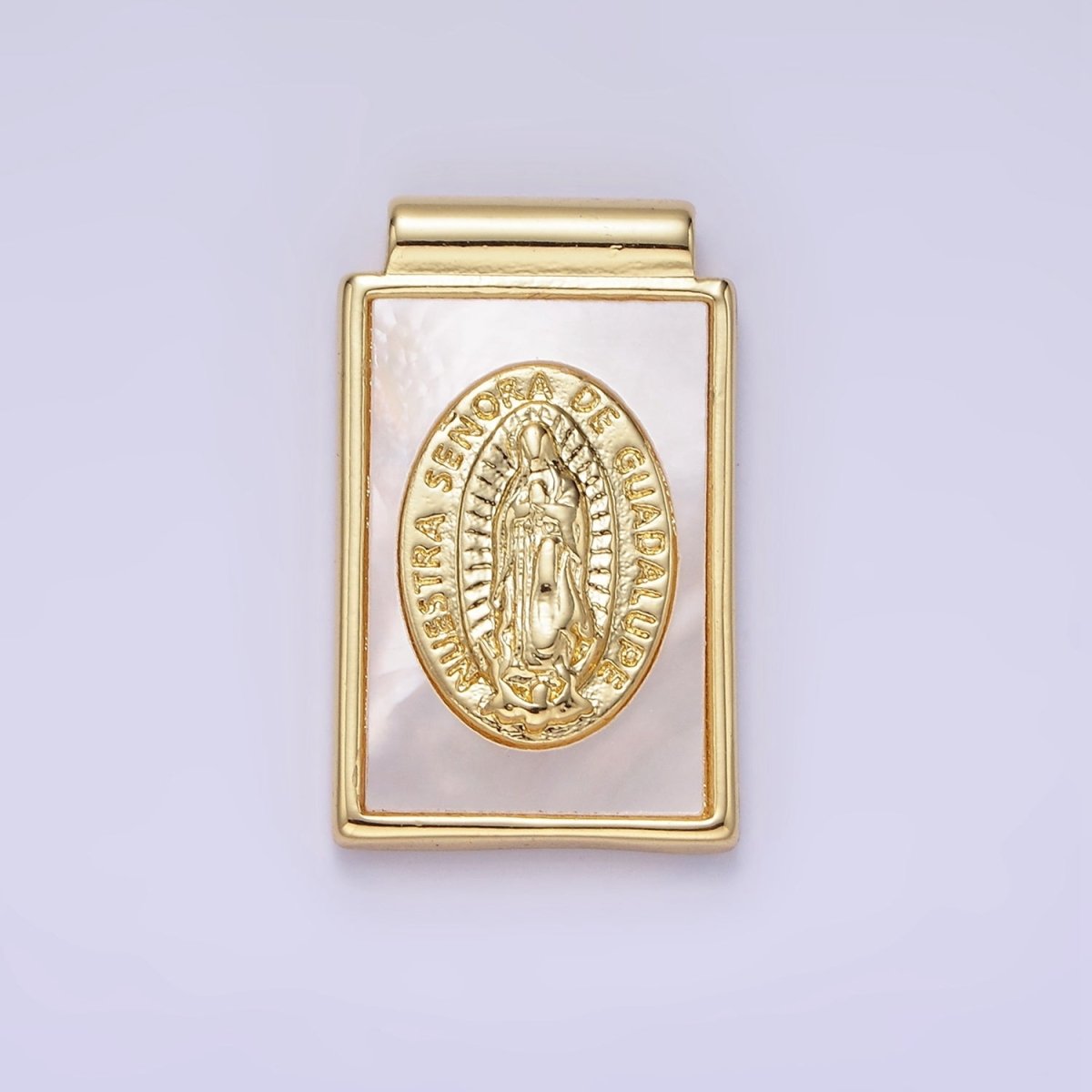 14K Gold Filled Nuestra Señora de Guadalupe Shell Pearl Rectangle Pendant | AH157 - DLUXCA