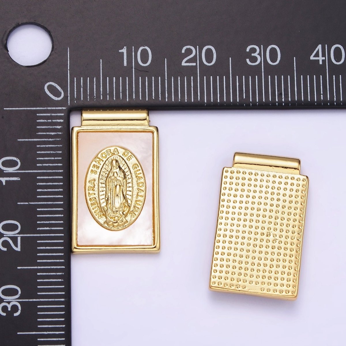 14K Gold Filled Nuestra Señora de Guadalupe Shell Pearl Rectangle Pendant | AH157 - DLUXCA