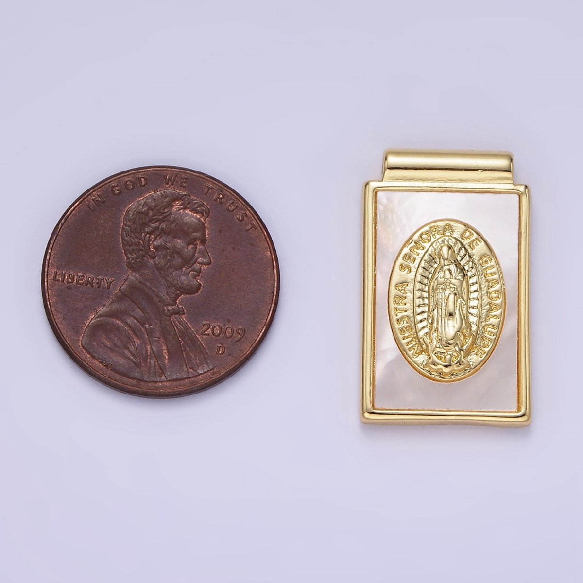 14K Gold Filled Nuestra Señora de Guadalupe Shell Pearl Rectangle Pendant | AH157 - DLUXCA