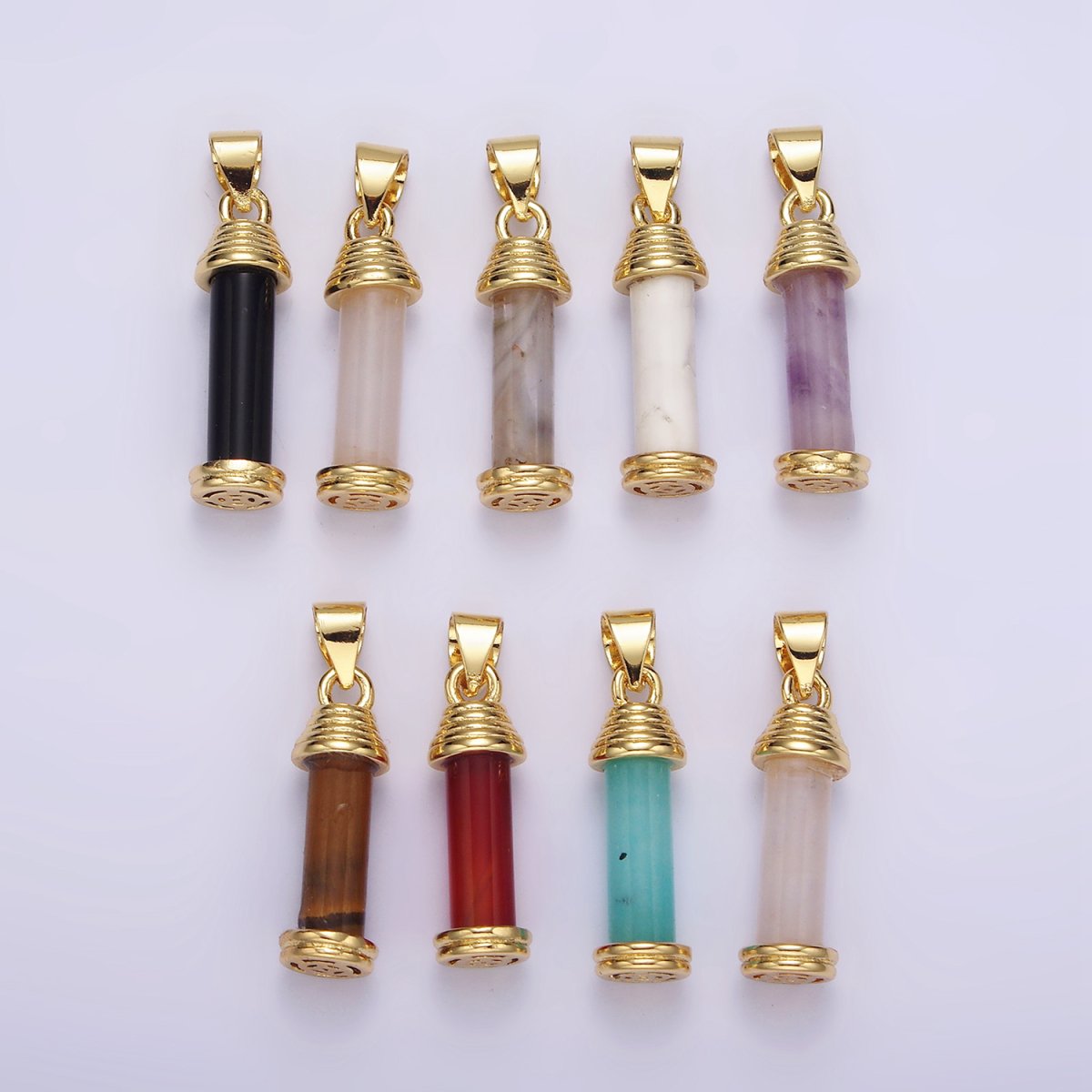 14K Gold Filled Onyx, Carnelian, Amazonite, Clear Quartz, Tiger Eye, Rose Quartz, Howlite, Amethyst Lined Cylinder Tube Pendant | AA729 - AA736 - DLUXCA