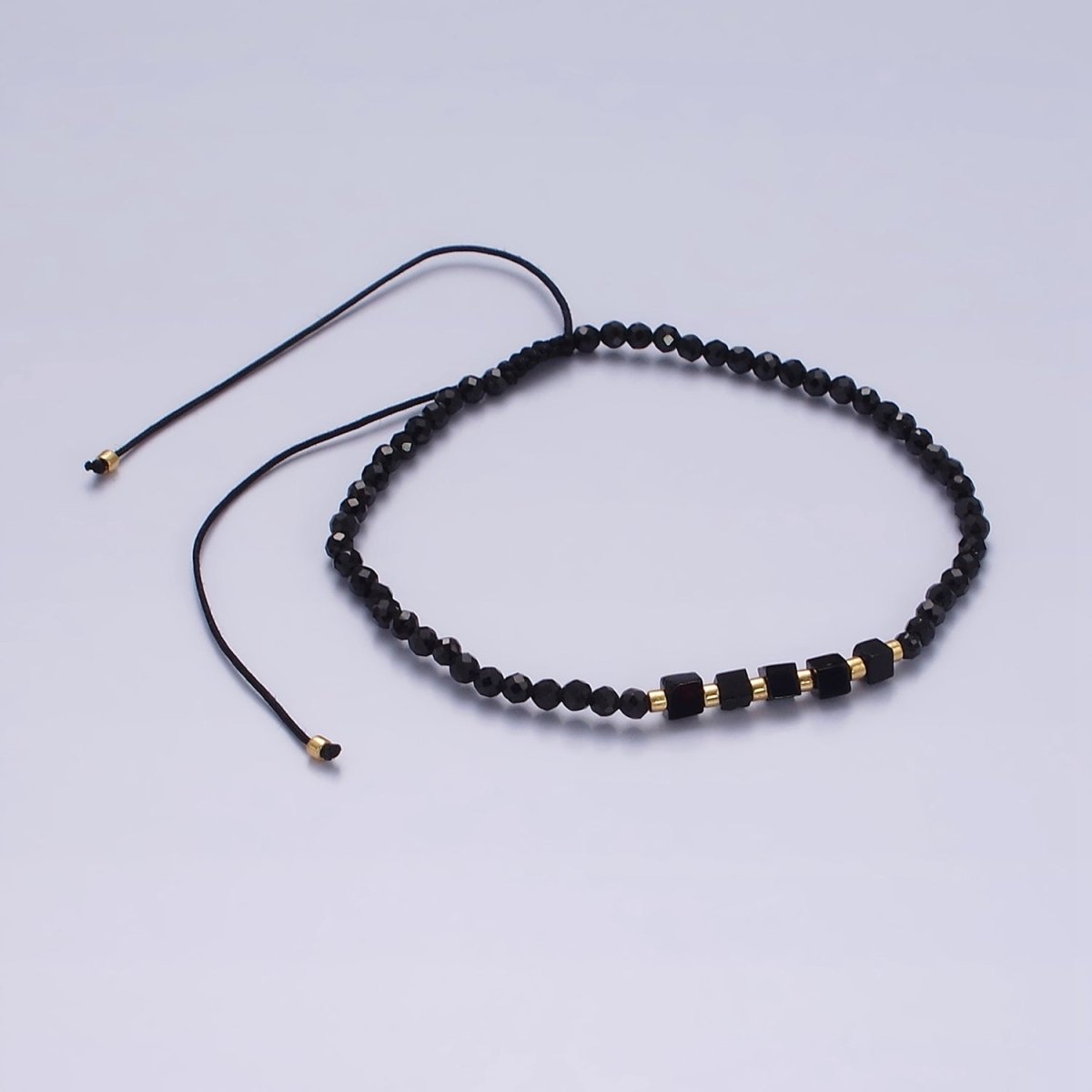 14K Gold Filled Onyx Multifaceted Black Rope Adjustable Friendship Bracelet | WA-2165 - WA-2167 Clearance Pricing - DLUXCA