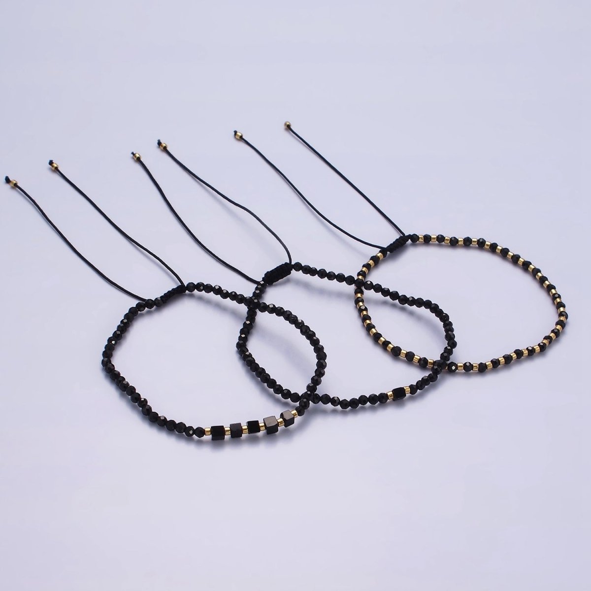 14K Gold Filled Onyx Multifaceted Black Rope Adjustable Friendship Bracelet | WA-2165 - WA-2167 Clearance Pricing - DLUXCA