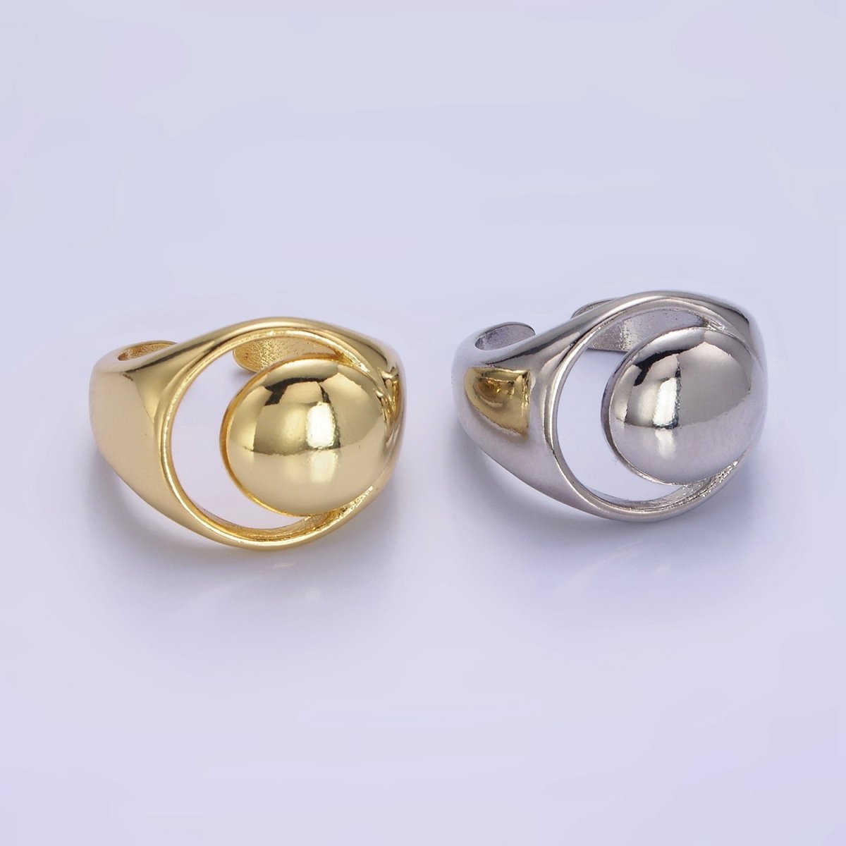 14K Gold Filled Open Celestial Crescent Moon Dome Signet Ring in Gold & Silver | O1268 O1269 - DLUXCA