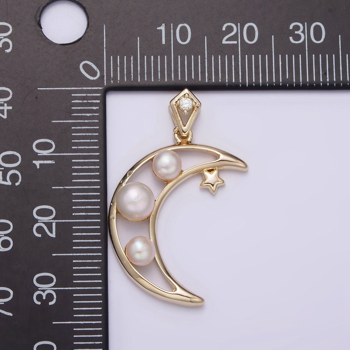 14K Gold Filled Open Celestial Crescent Moon Triple Pearl Star CZ Bail Pendant | AA634 - DLUXCA