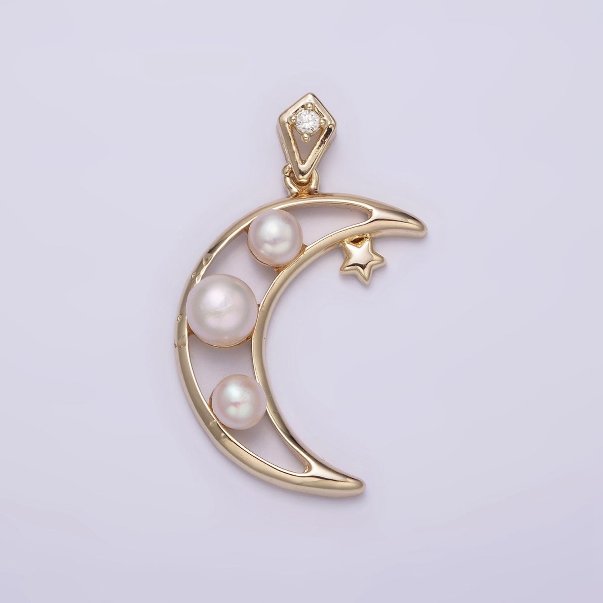 14K Gold Filled Open Celestial Crescent Moon Triple Pearl Star CZ Bail Pendant | AA634 - DLUXCA