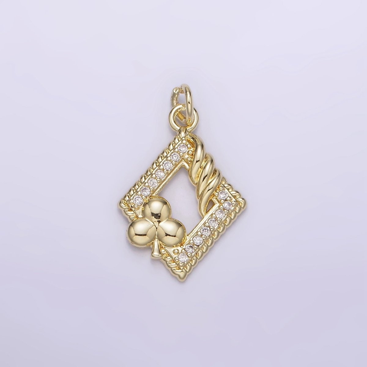 14K Gold Filled Open Frame Rhombus Clover Micro Paved Twisted Clubs Card Charm | AG258 - DLUXCA