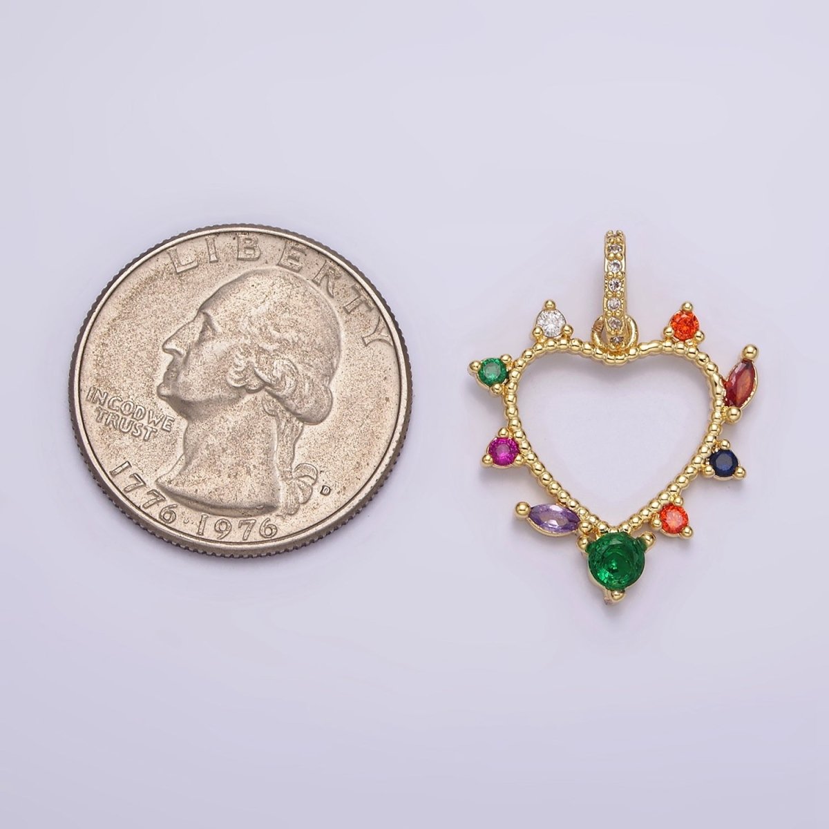 14K Gold Filled Open Heart Multicolor CZ Marquise Dotted Outline Micro Paved CZ Bail Pendant | AA610 - DLUXCA