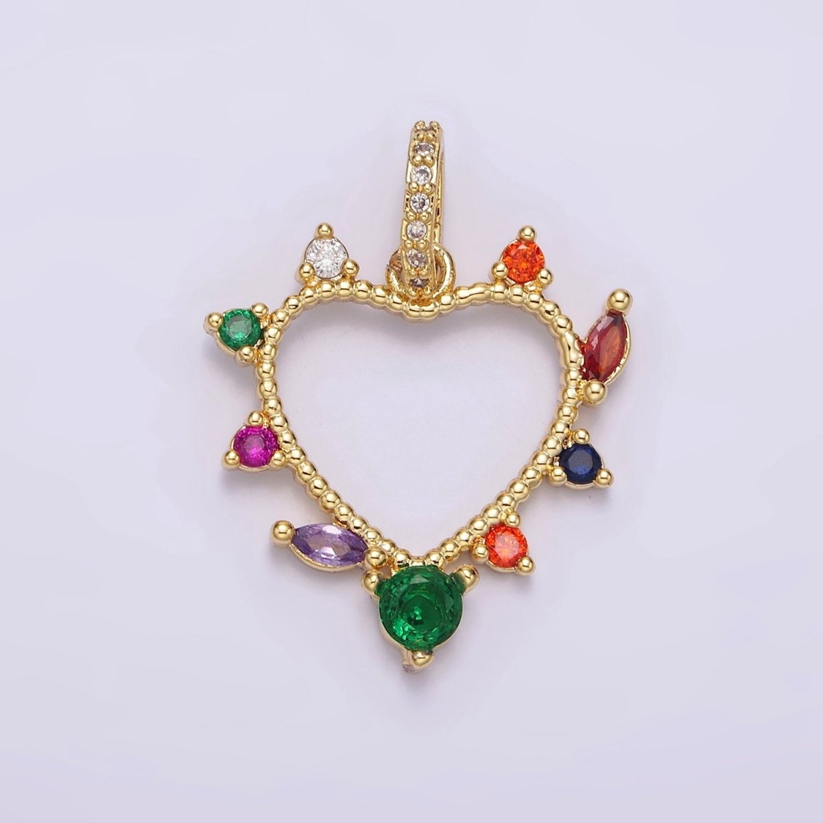 14K Gold Filled Open Heart Multicolor CZ Marquise Dotted Outline Micro Paved CZ Bail Pendant | AA610 - DLUXCA