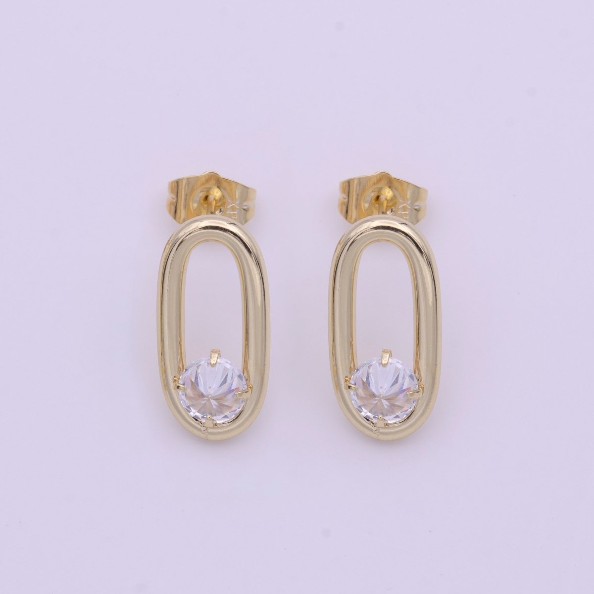 14K Gold FIlled Open Oblong Oval Round Clear CZ Geometric Stud Earrings | AB1427 - DLUXCA