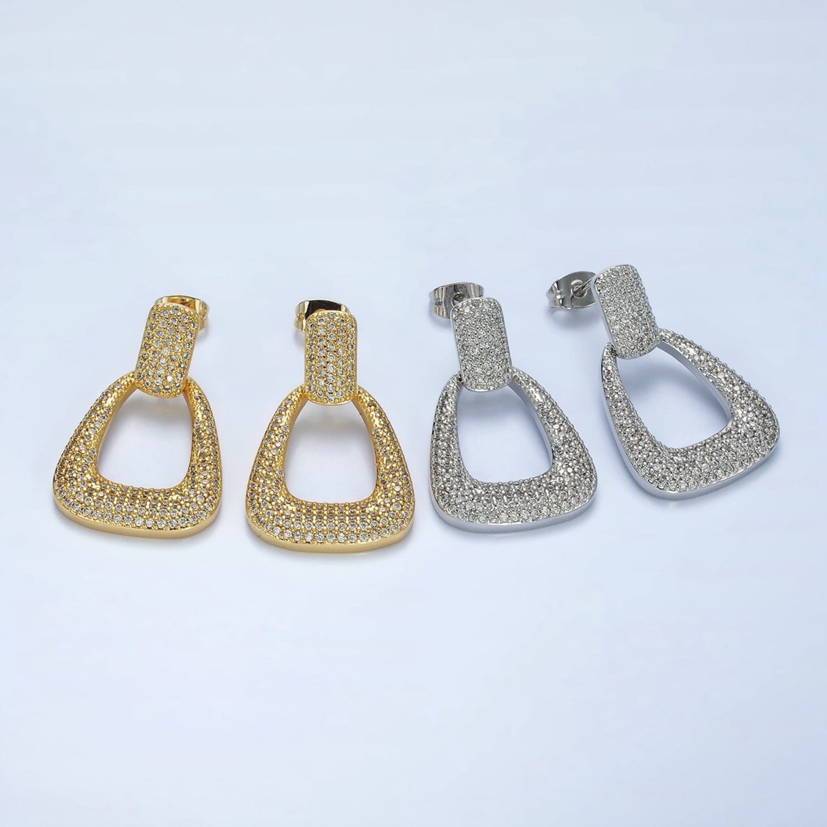 14K Gold Filled Open U Shaped Micro Paved CZ Rectangular Drop Stud Earrings in Gold & Silver | AE425 AE426 - DLUXCA