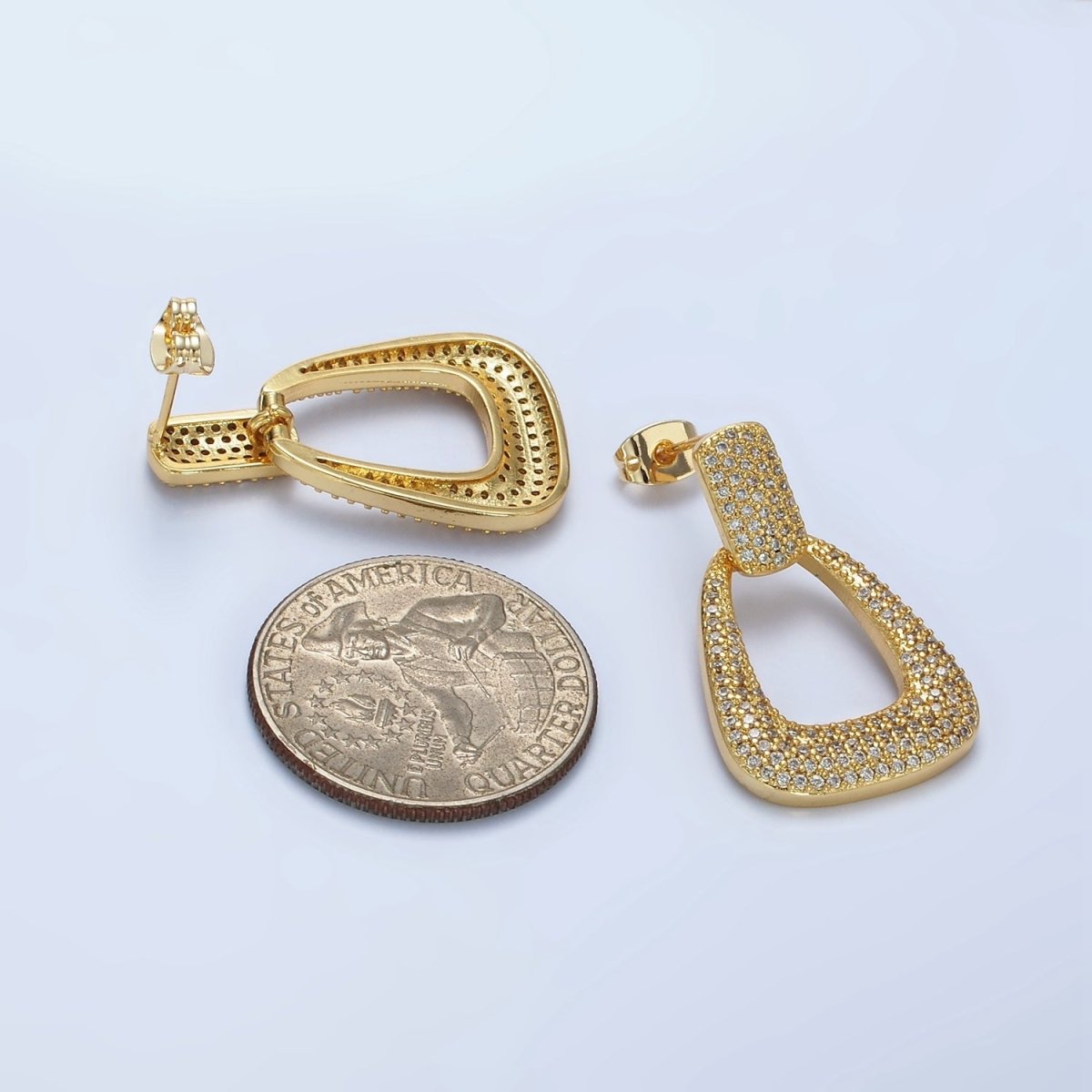 14K Gold Filled Open U Shaped Micro Paved CZ Rectangular Drop Stud Earrings in Gold & Silver | AE425 AE426 - DLUXCA