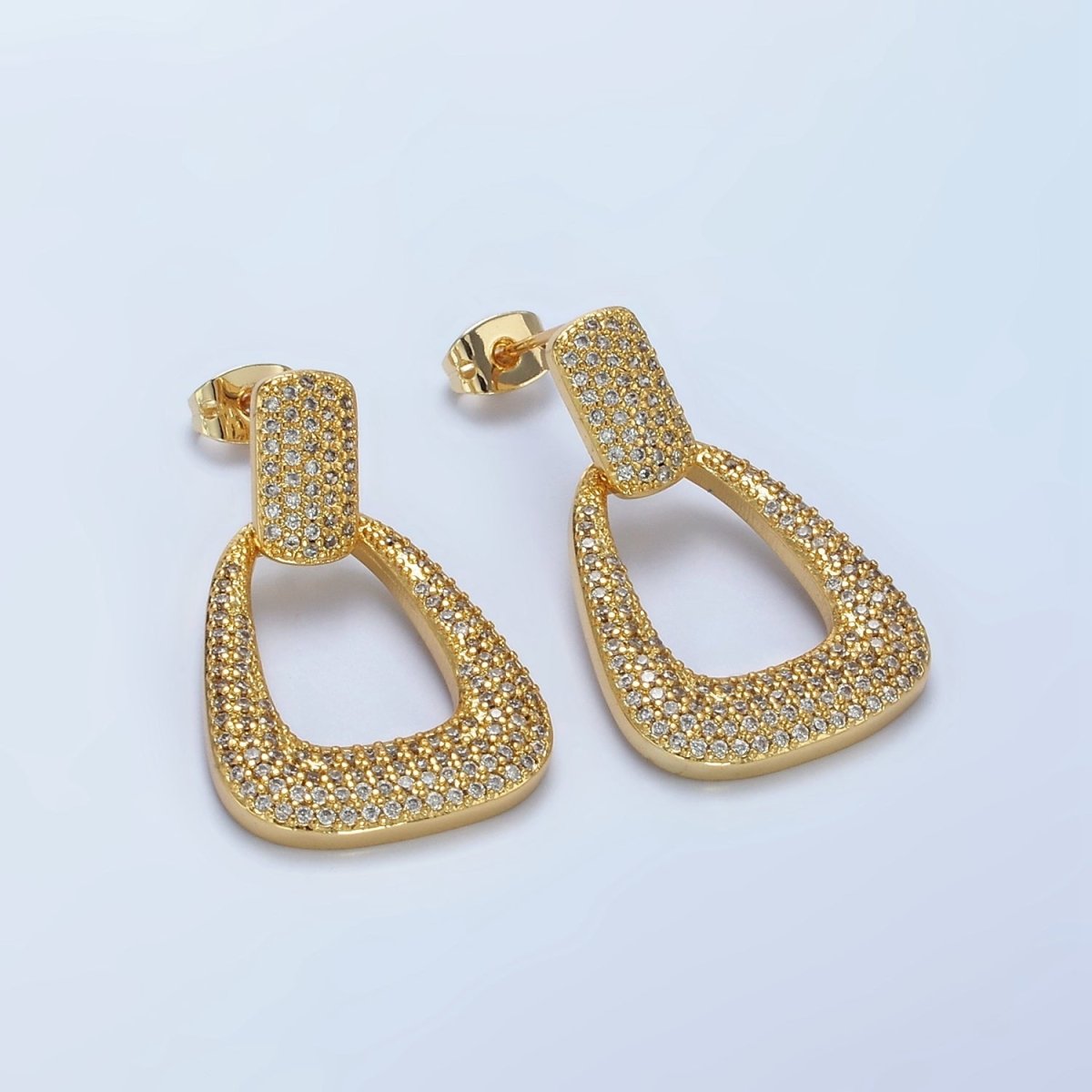 14K Gold Filled Open U Shaped Micro Paved CZ Rectangular Drop Stud Earrings in Gold & Silver | AE425 AE426 - DLUXCA