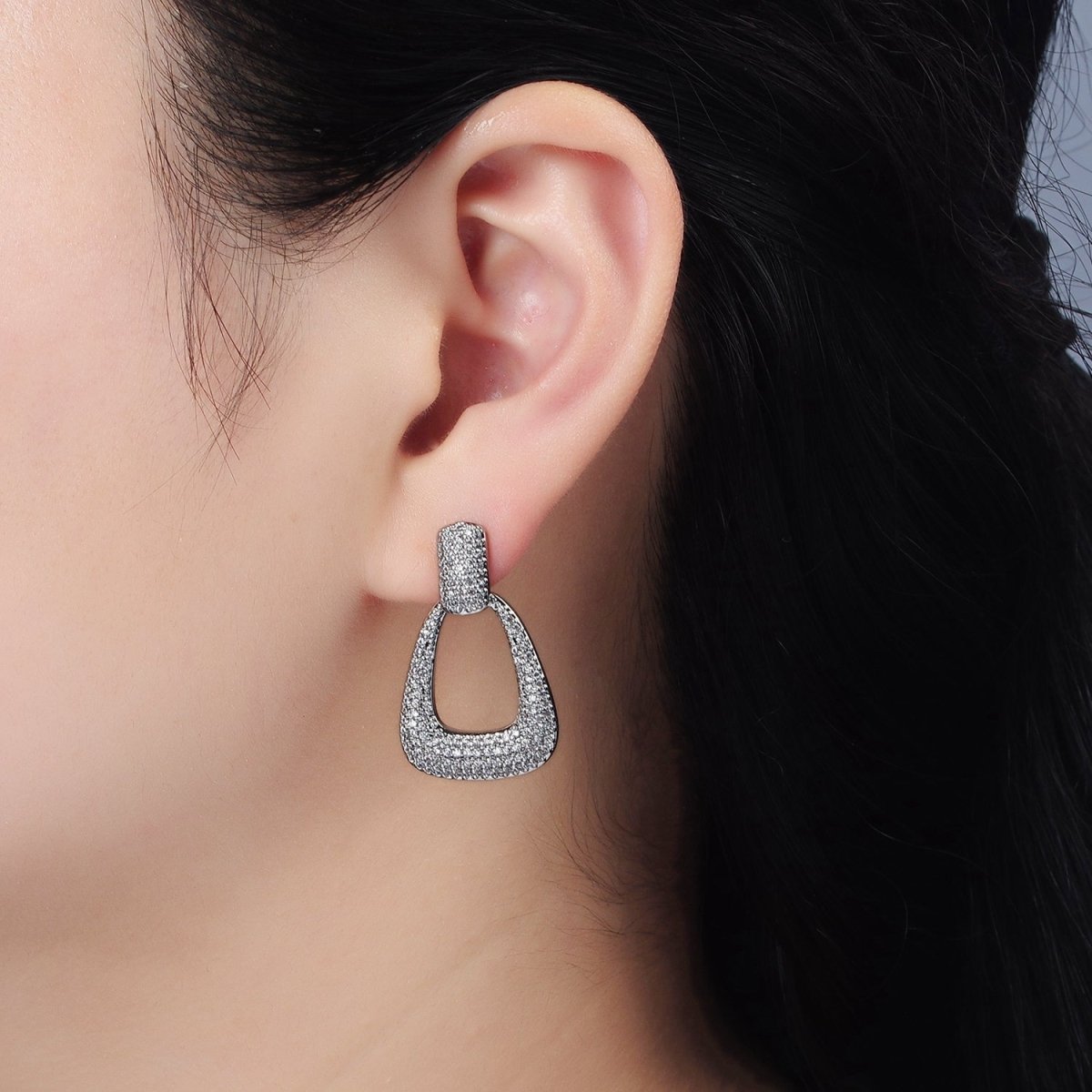 14K Gold Filled Open U Shaped Micro Paved CZ Rectangular Drop Stud Earrings in Gold & Silver | AE425 AE426 - DLUXCA