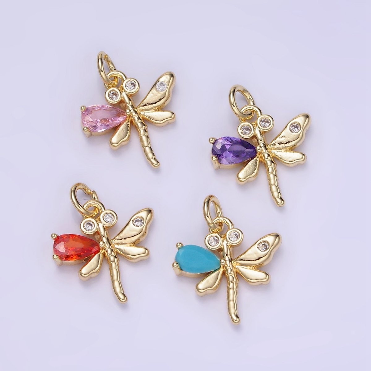 14K Gold Filled Orange, Purple, Pink, Turquoise CZ Dragonfly Insect Charm | W540 W541 - DLUXCA