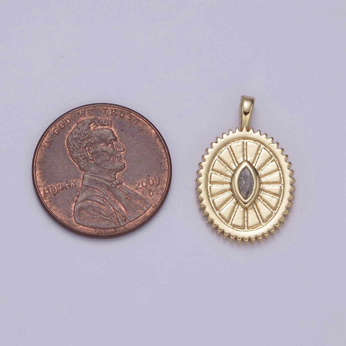14K Gold Filled Oval Charm Sunburst With Clear Eye Cz Centerpiece for Minimalist Jewelry Making N-610 - DLUXCA