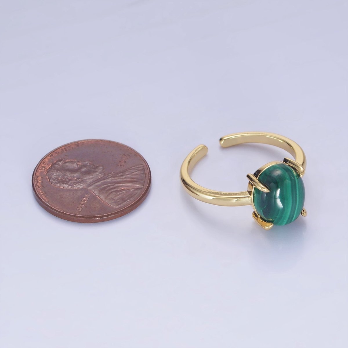 14K Gold Filled Oval Malachite Gemstone Minimalist Solitaire Ring | O1346 - DLUXCA