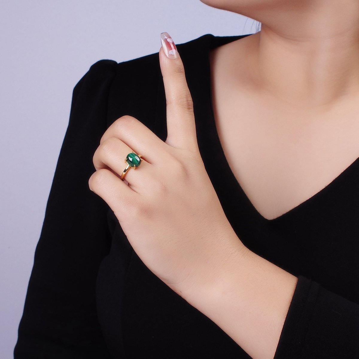 14K Gold Filled Oval Malachite Gemstone Minimalist Solitaire Ring | O1346 - DLUXCA