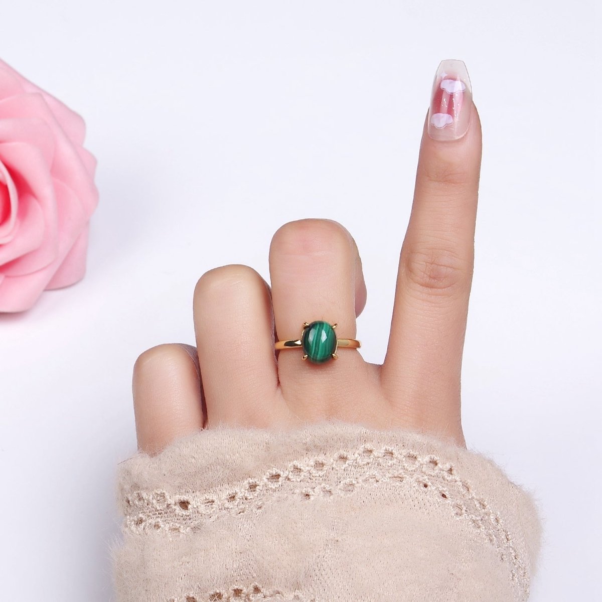 14K Gold Filled Oval Malachite Gemstone Minimalist Solitaire Ring | O1346 - DLUXCA