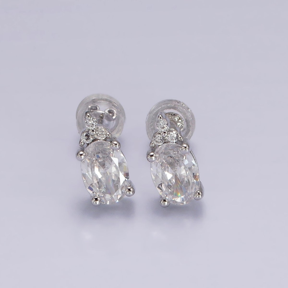 14K Gold Filled Oval Triple CZ Bezel Stud Earrings in Gold & Silver | V-201 - V-228 - DLUXCA