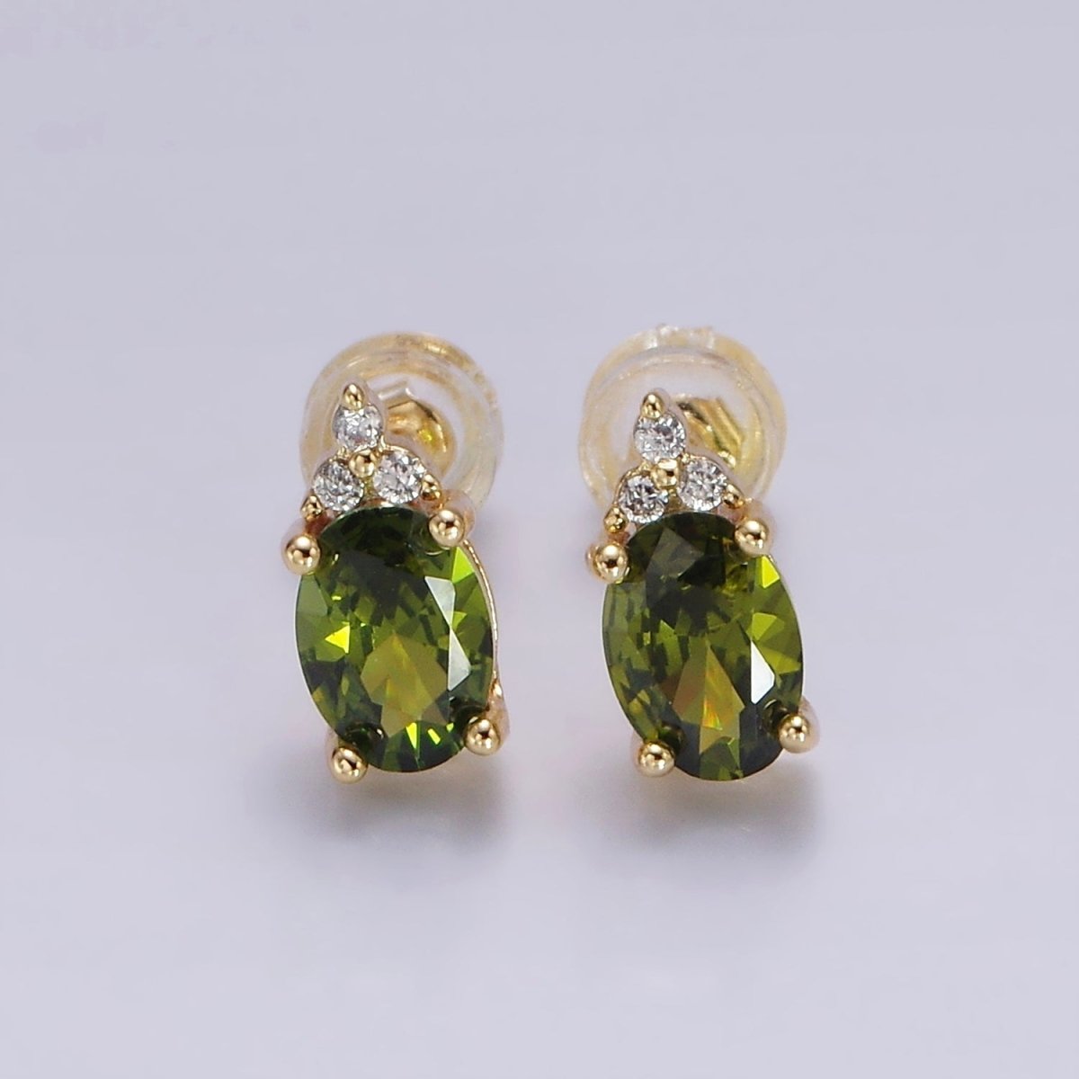 14K Gold Filled Oval Triple CZ Bezel Stud Earrings in Gold & Silver | V-201 - V-228 - DLUXCA