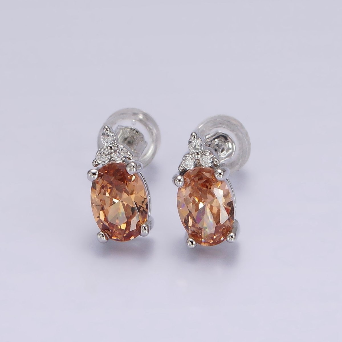 14K Gold Filled Oval Triple CZ Bezel Stud Earrings in Gold & Silver | V-201 - V-228 - DLUXCA