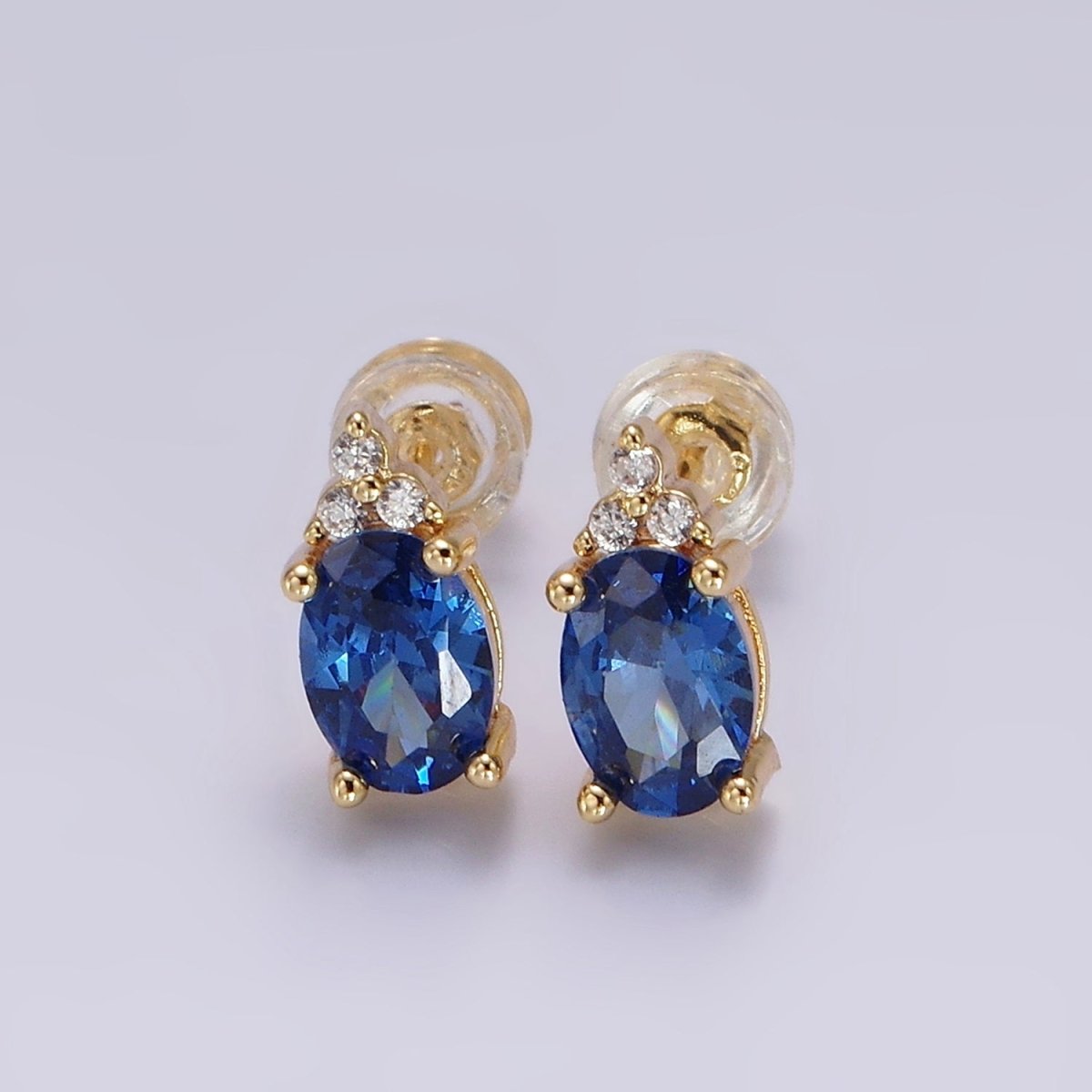 14K Gold Filled Oval Triple CZ Bezel Stud Earrings in Gold & Silver | V-201 - V-228 - DLUXCA