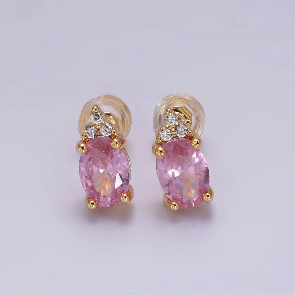 14K Gold Filled Oval Triple CZ Bezel Stud Earrings in Gold & Silver | V-201 - V-228 - DLUXCA