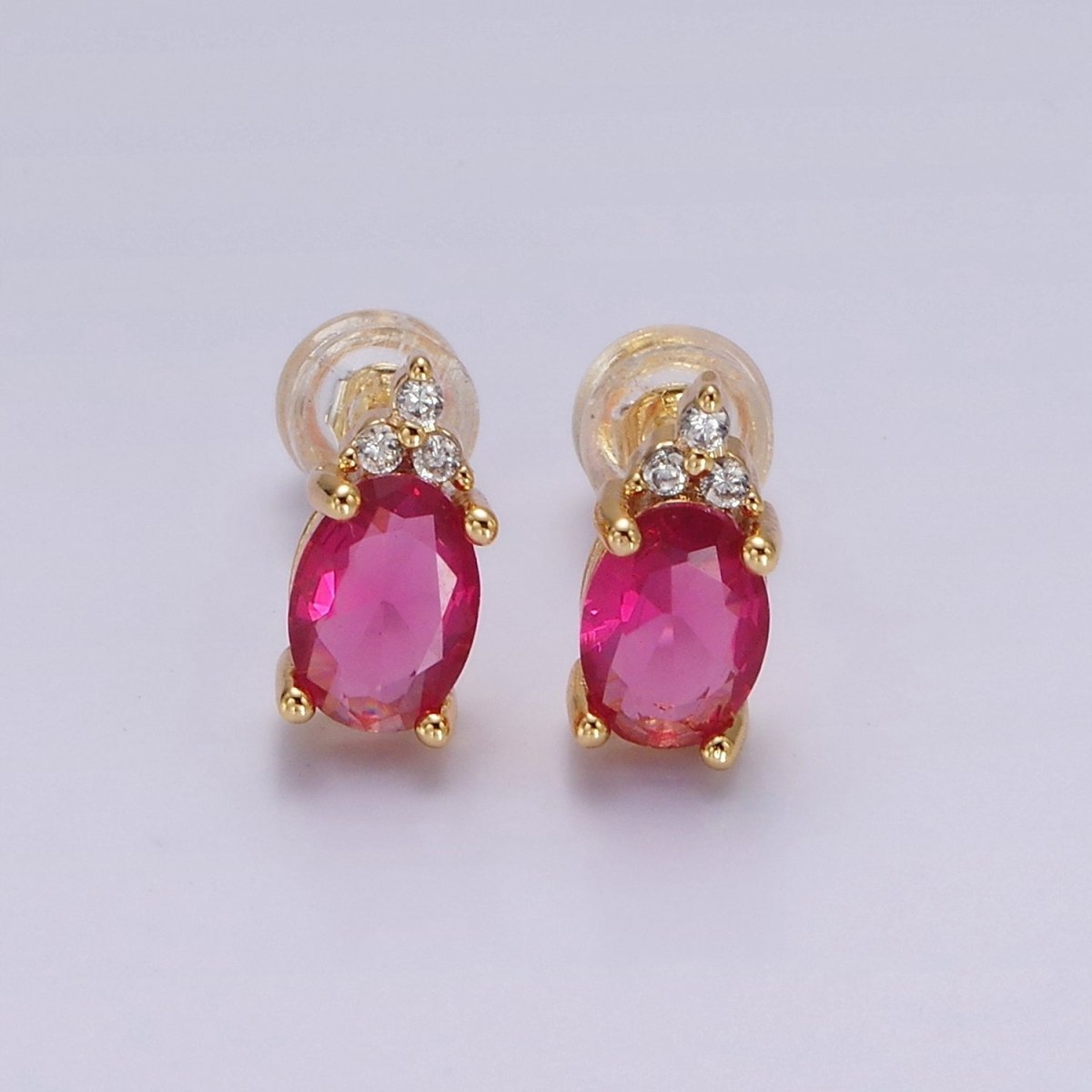 14K Gold Filled Oval Triple CZ Bezel Stud Earrings in Gold & Silver | V-201 - V-228 - DLUXCA