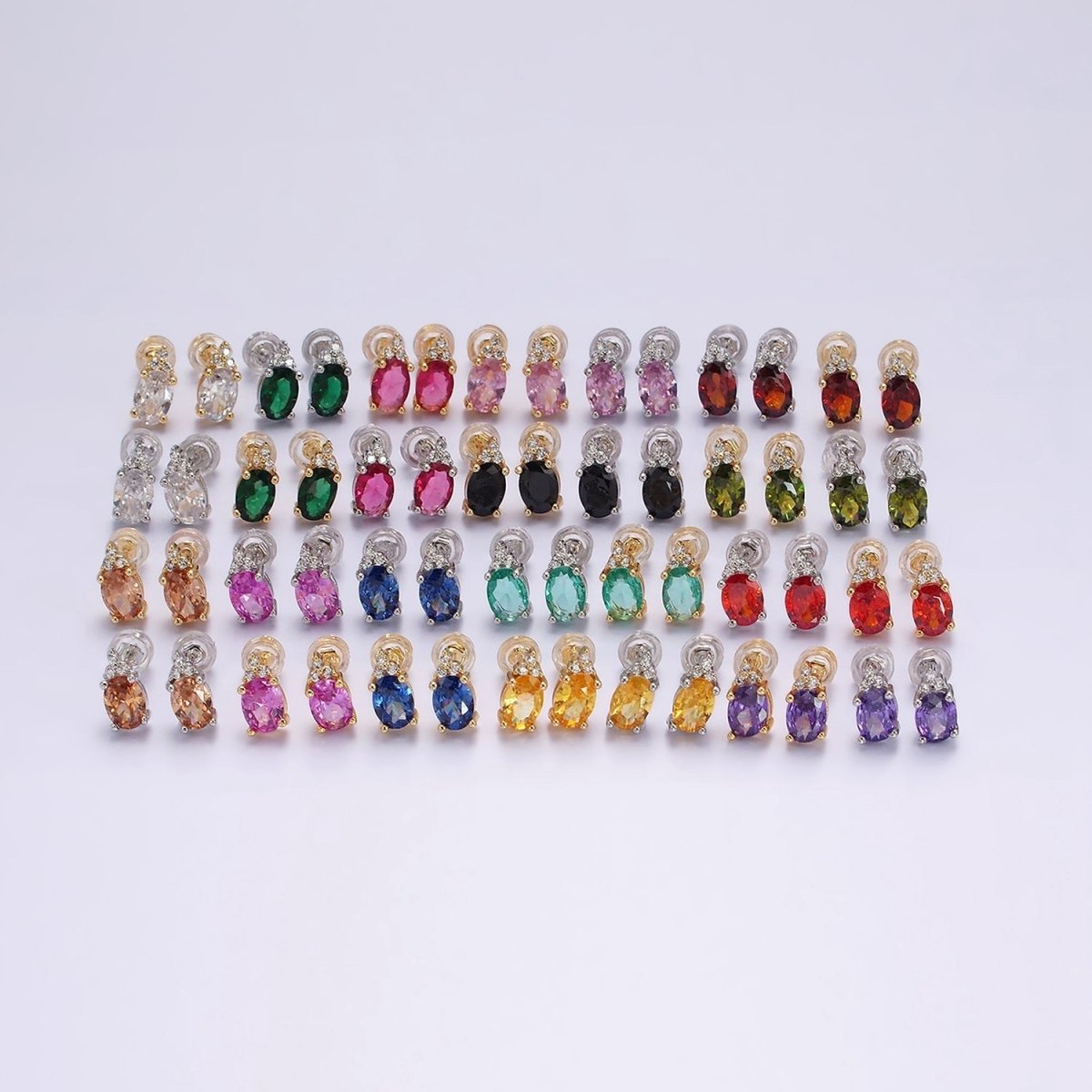 14K Gold Filled Oval Triple CZ Bezel Stud Earrings in Gold & Silver | V-201 - V-228 - DLUXCA