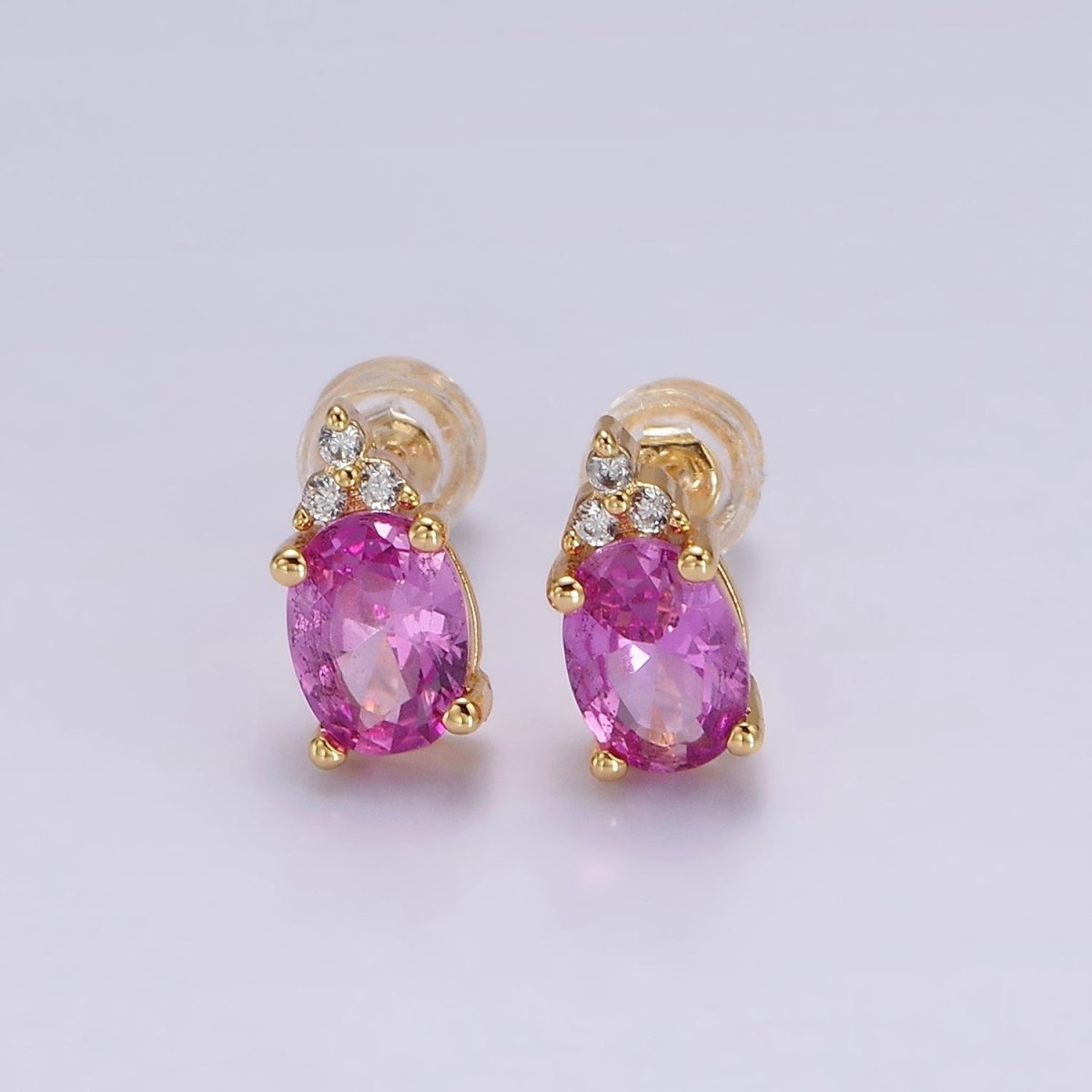 14K Gold Filled Oval Triple CZ Bezel Stud Earrings in Gold & Silver | V-201 - V-228 - DLUXCA