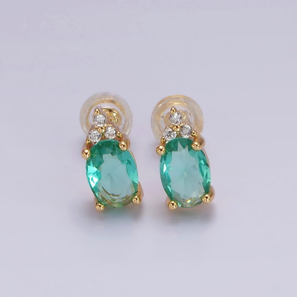 14K Gold Filled Oval Triple CZ Bezel Stud Earrings in Gold & Silver | V-201 - V-228 - DLUXCA