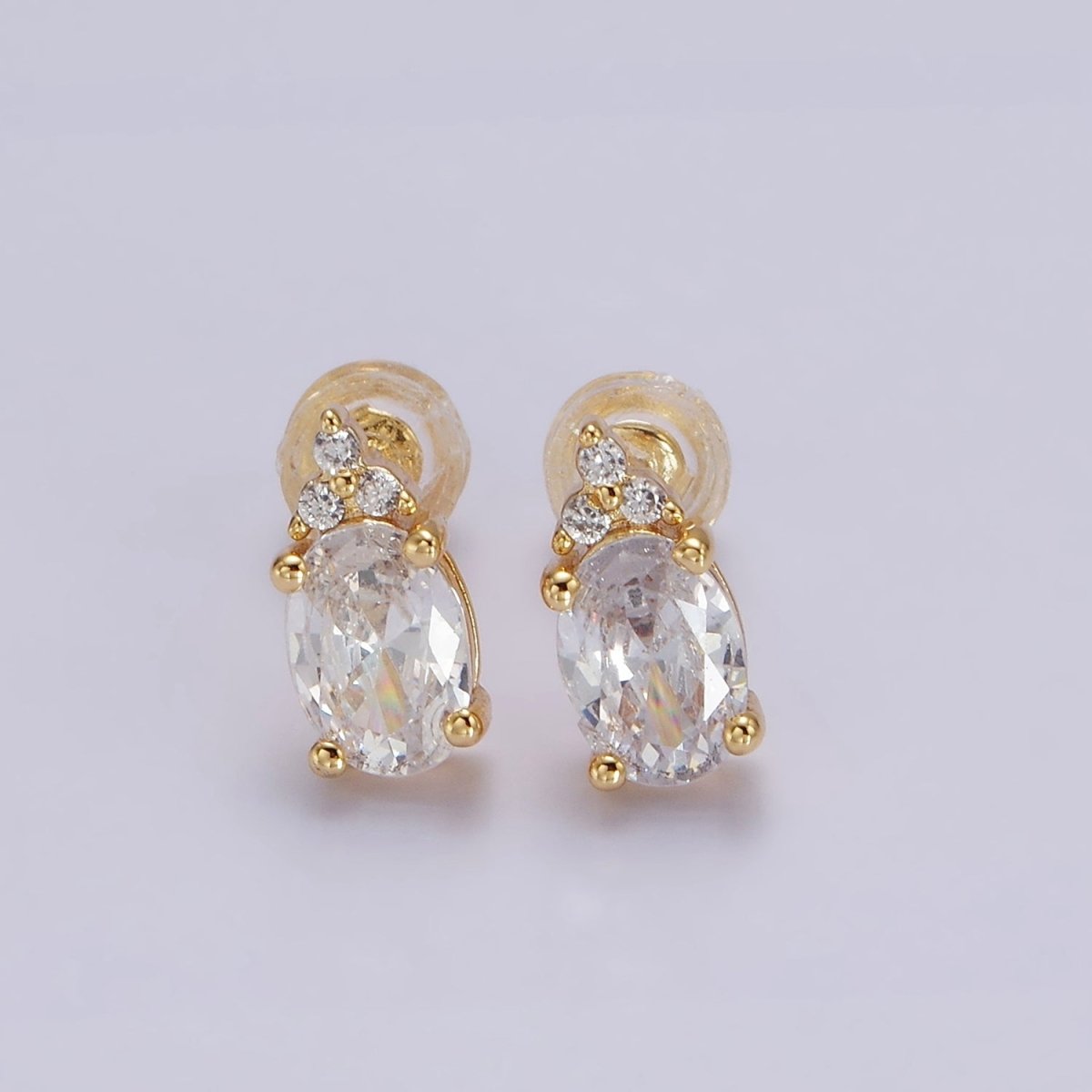14K Gold Filled Oval Triple CZ Bezel Stud Earrings in Gold & Silver | V-201 - V-228 - DLUXCA