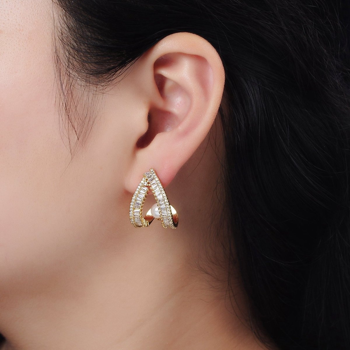 14K Gold Filled Pearl Baguette Micro Paved CZ Open Teardrop J-Shaped Hoop Earrings | AE419 - DLUXCA