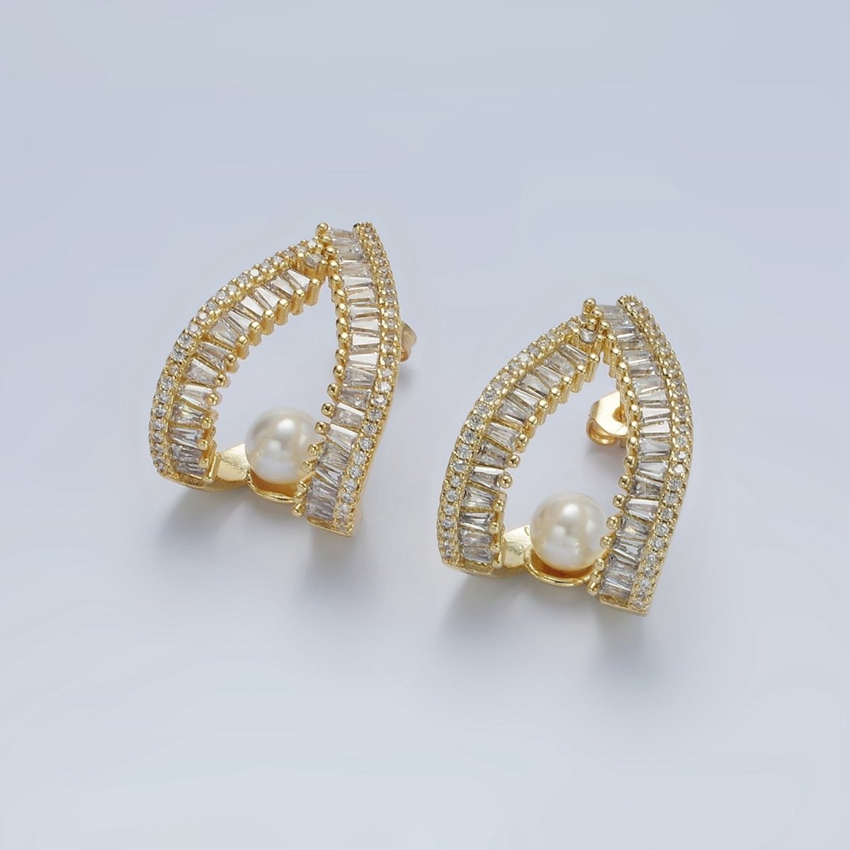 14K Gold Filled Pearl Baguette Micro Paved CZ Open Teardrop J-Shaped Hoop Earrings | AE419 - DLUXCA
