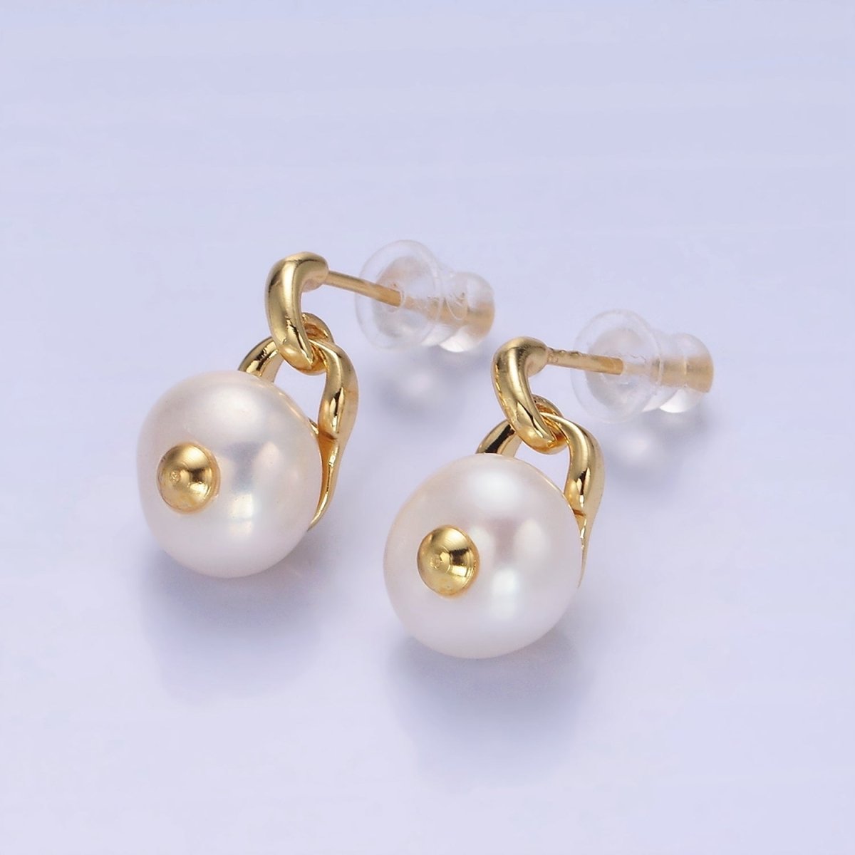 14K Gold Filled Pearl Button Padlock Stud Drop Earrings | V521 - DLUXCA