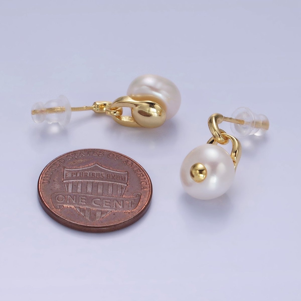 14K Gold Filled Pearl Button Padlock Stud Drop Earrings | V521 - DLUXCA