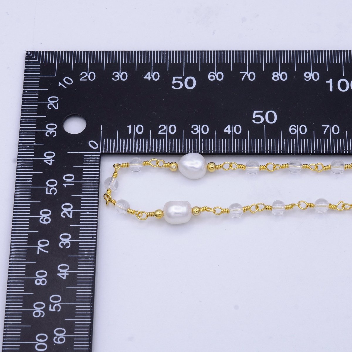 14K Gold Filled Pearl Chain, White Freshwater Pearl Rosary Chain, Bulk Chain Clear Quartz Beads Beaded Unfinished Chain by Yard | ROLL-1214 Clearance Pricing - DLUXCA
