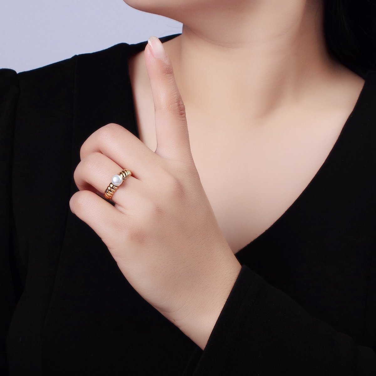 14K Gold Filled Pearl Croissant Solitaire Ring | O1313 - DLUXCA